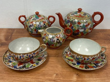Japanese Kutani Thousand Faces Antique Set Sugar, Creamer, Tea Pot, 2 Cup/Saucer