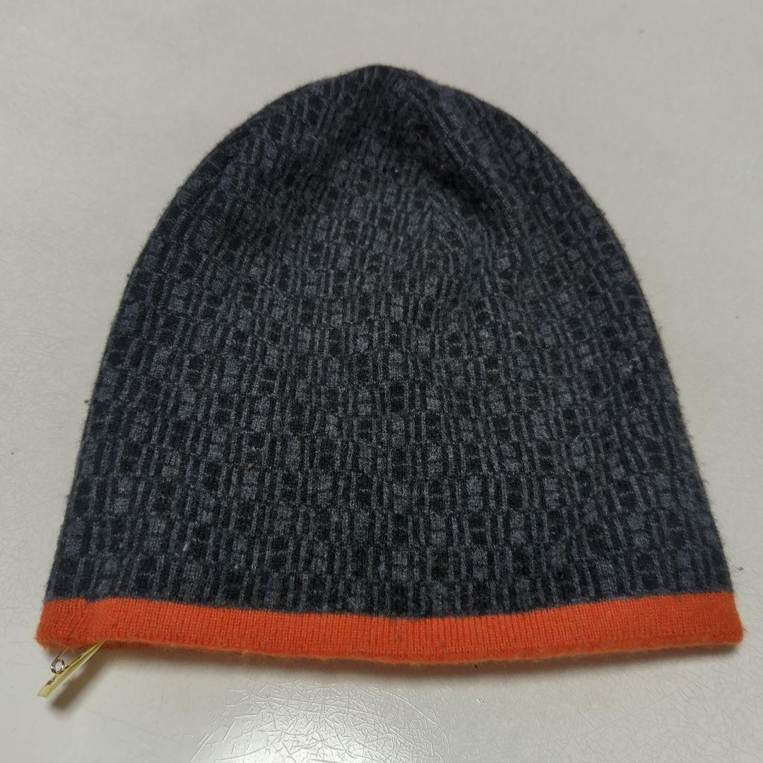 Hermes Cashmere H Pattern Knit Hat Beanie Orange