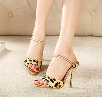 Leopard Fur Open Toe Sandals Mule Heels Slip On Women's Party Shoes Leopard Fur Open Toe Sandals Mule Heels Slip On Women's Party Shoes