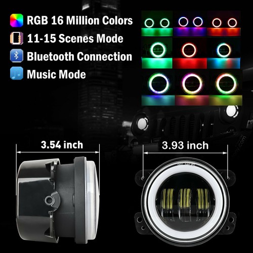 Pair 4"INCH LED Fog Lights Bluetooth RGB Halo DRL For 2007-2017 Jeep Wrangler JK - Picture 5 of 12