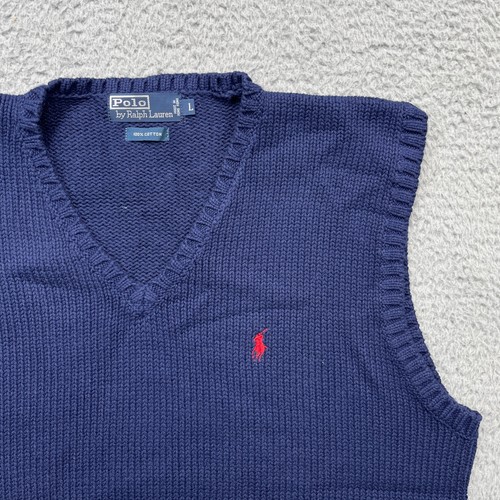 VTG 80s Polo Ralph Lauren Cotton Sweater Vest Mens Large Navy Knit Red Pony *50 - Picture 2 of 11