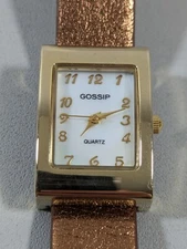 Gossip Pearlized Dial Gold Tone Rectangle Case Brown Faux Leather Band Watch