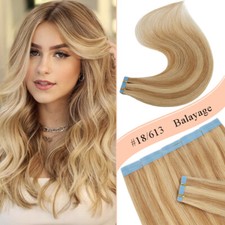 Skin Weft Human Hair Extensions Tape In Invisible Remy Balayage Blonde 18P613