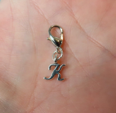 Initial CURSIVE LETTER K Charm Zipper Pull Keychain Add On Clip Silver Tone