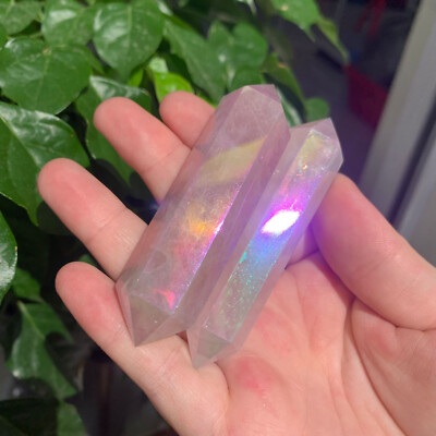 84g 2pcs Rose Quartz Wand Point Double Terminal Titanium Angel Aura Crystal