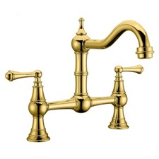 Gold pvd Deck-Mount solid Brass Two-Handle Two holes Bridge Kitchen Faucet Mixer