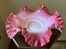 Antique Victorian Bridal Candy Basket Cranberry Pink Milk Glass Ruffled Rim 11”