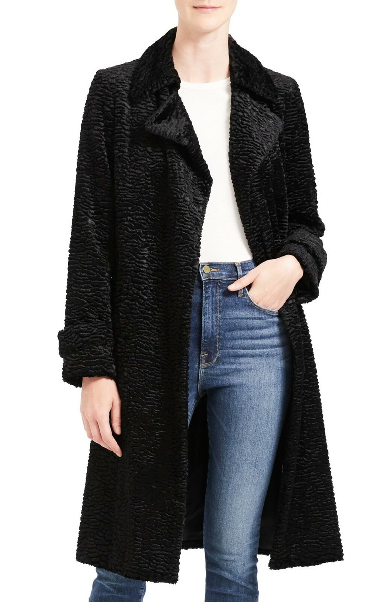 NWT Theory Relaxed Trench Coat in Faux Astrakhan Fur, Black, size