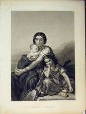 Original Old Antique Print Woman Children Bohemian Wayfarers Music Mountains