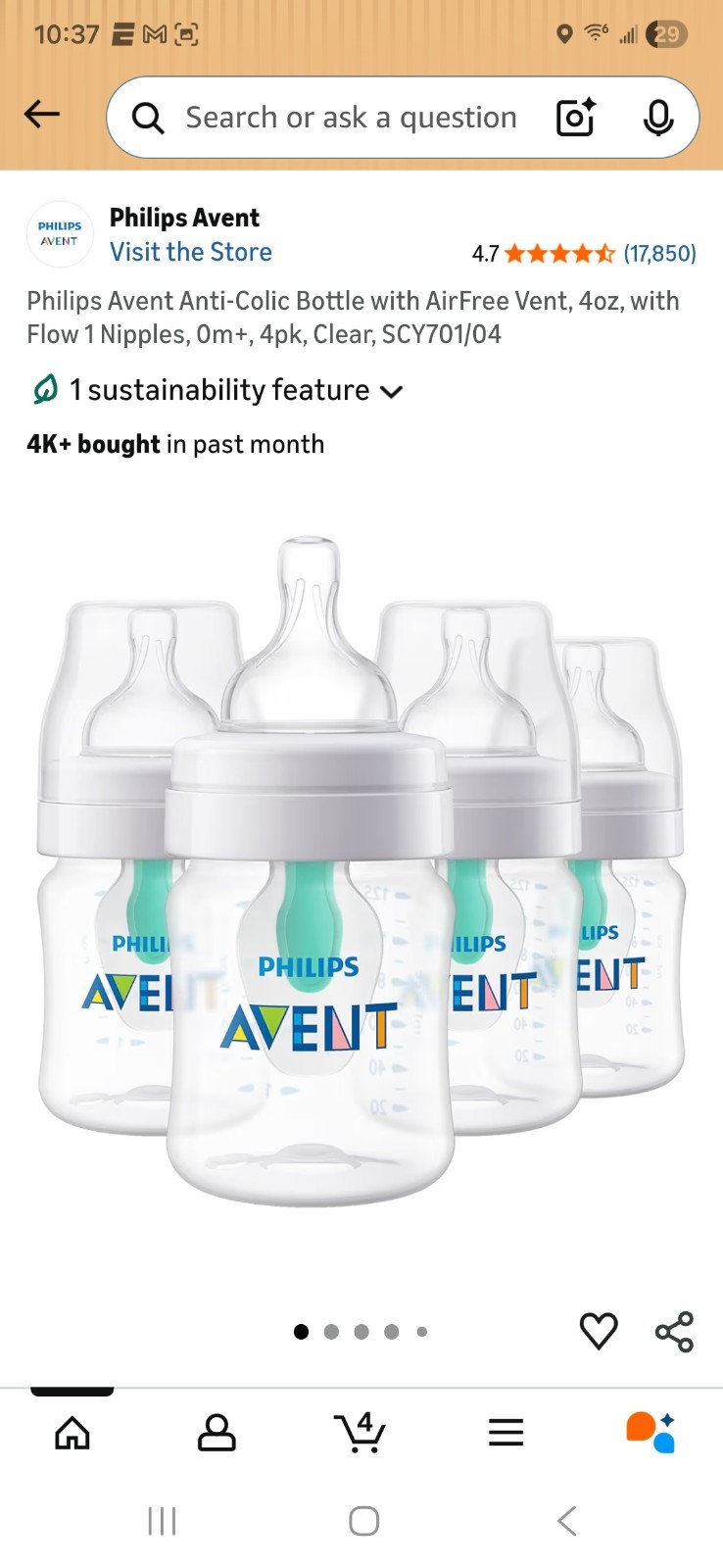 Philips Avent Anti-Colic Baby Bottle With AirFree Vent 4x 4o