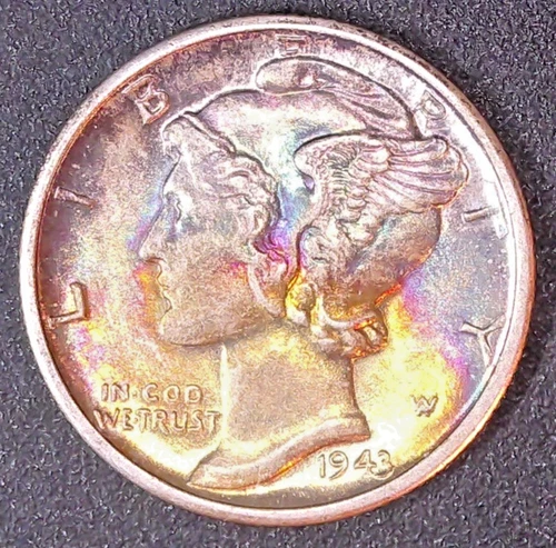 1943 D Mercury Dime AU BU Rainbow Toned Full Bands Full Bands 90% Silver