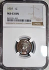 NGC MS-63 BN 1907 Indian Head Cent, Lightly Toned & Highly Lustrous.