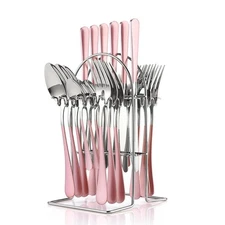 24 Pieces Silverware Set, Stainless Steel Cutlery Set with Holder, Flatware S...