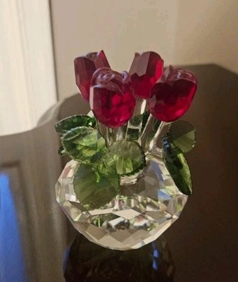 H&D Hyaline Dora Crystal Glass Red Rose Bouquet Figurine Free Standing In Box