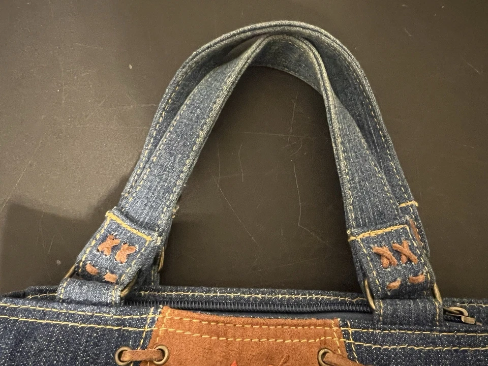 Bolso de mano vintage Y2K años 2000 Denim L.E.I. Mini Cartera Lei Marrón Flor Grunge Boho Foto 3 de 4