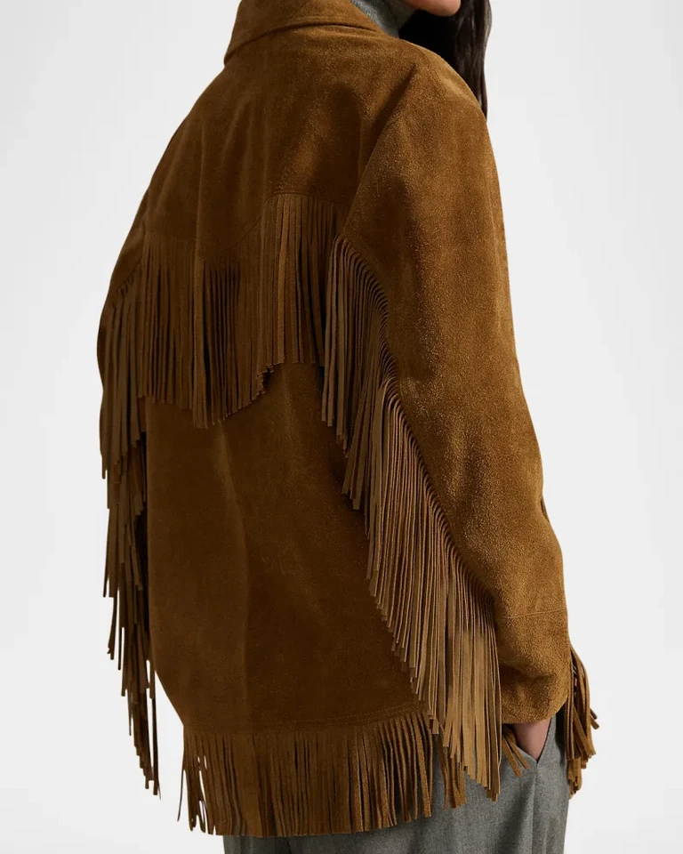 Women's Fringe Suede Leather Jacket in Dark Beige Size S M L XL XXL 3XL - Image 3 of 4