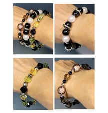 3 Elastic Black Silver Beaded Bracelets Trendy Fashion Stretchy Chic Accessory