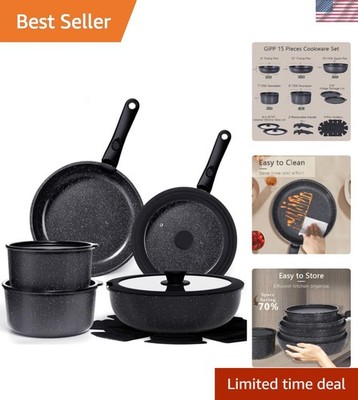15-Piece Nonstick Ceramic Pot & Pan Set - Healthy Induction Cookware, Grey