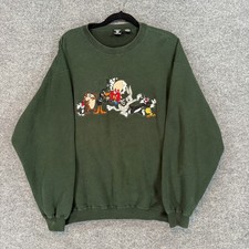 Warner Bros Sweatshirt Mens Medium Green Looney Tunes Embroidered Vintage 1996