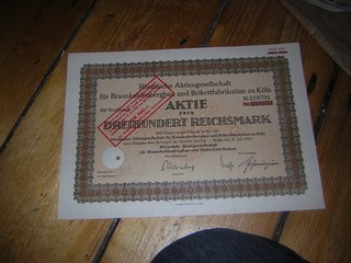 Aktie Rheinische AG Braunkohlenbergbau Brikettfabrikation. 300 Reichsmark 1929