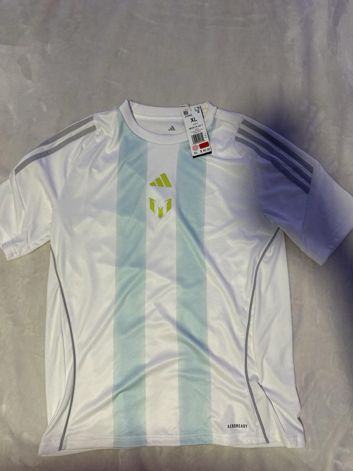 NWT Boys Adidas White/Green Striped Size XL Short Sleeve Messi Shirt $40