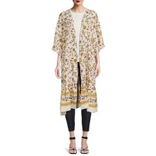NWT Time and Tru Floral Kimono Cardigan Beige Yellow L XL Lightweight