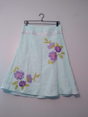 Edward A-Line Skirt  8 Pale Green Linen Embroidered Sequins Cottagecore  Summer