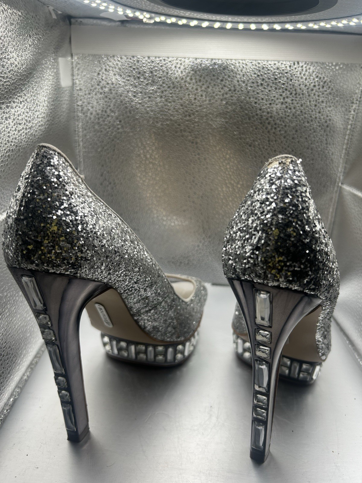 Boutique 9 Peep Toe Platform Pumps Silver Glitter Rhinestone Crystal Heels Sz 9M