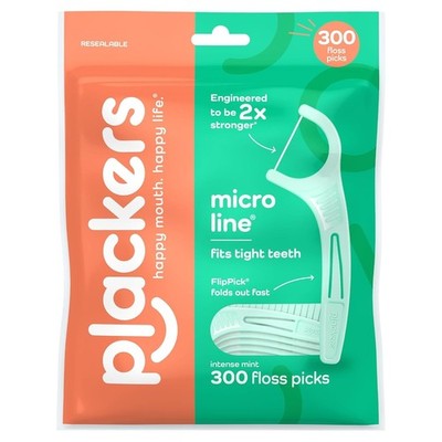 Plackers  Micro Line  Floss Picks - Intense Mint, Floss Fiber Made, 300 Count