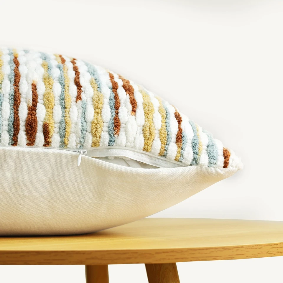 Funda de Almohada Boho Chenille Rayas 18x18 Pulgadas, Funda de Almohada Decorativa para Co... Foto 3 de 4