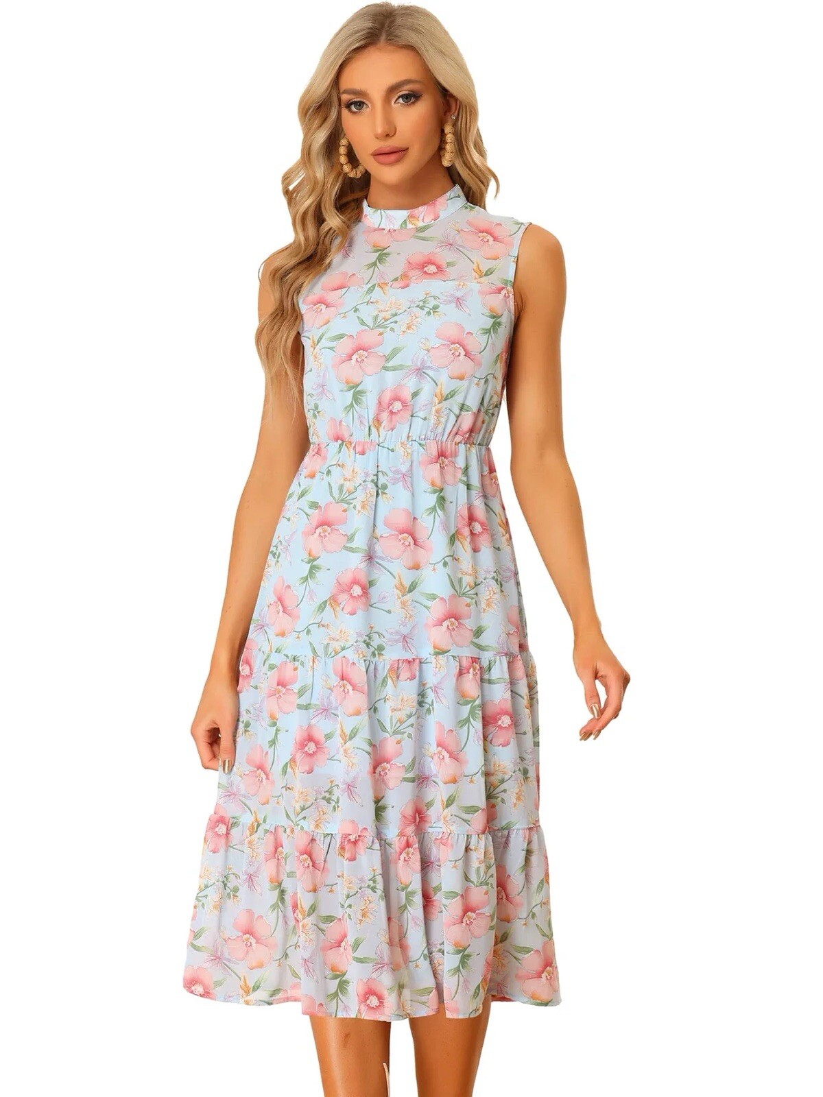 Floral Midi Dress Sleeveless Mock Neck Ruffle Tiered Light Blue Beach Summer Style
