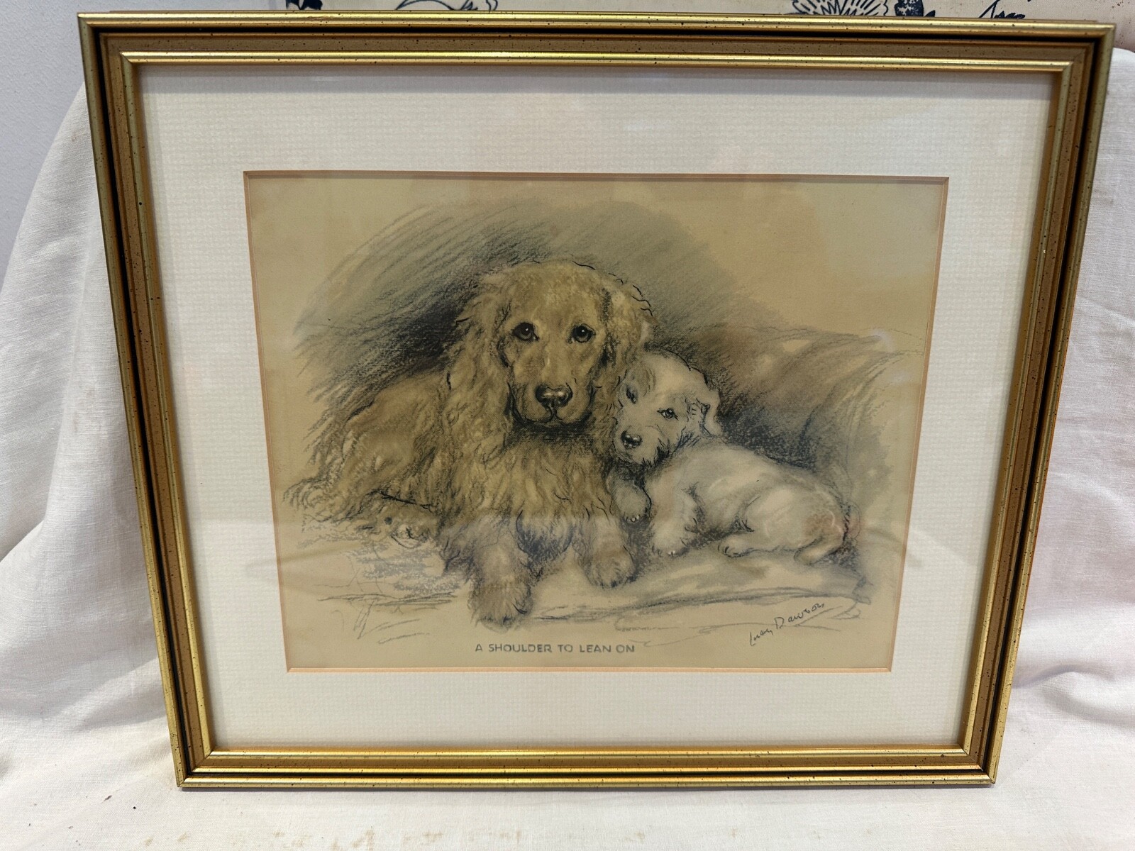 Lucy Dawson Vintage Print of Dog - A shoulder to lean on - Framed