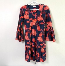 ModaPosa Mini Dress Size M Navy Red Seashell Print Embroidered Ruffle Cotton