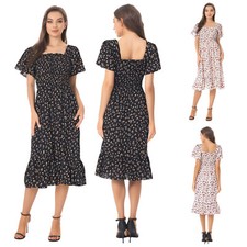 Womens~Retro Floral Print Dress Casual Short Sleeve Square Neck A Line Sundress