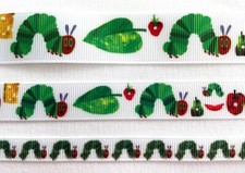 Caterpillar green on white Grosgrain ribbon BTY 3/8" 5/8" 7/8"
