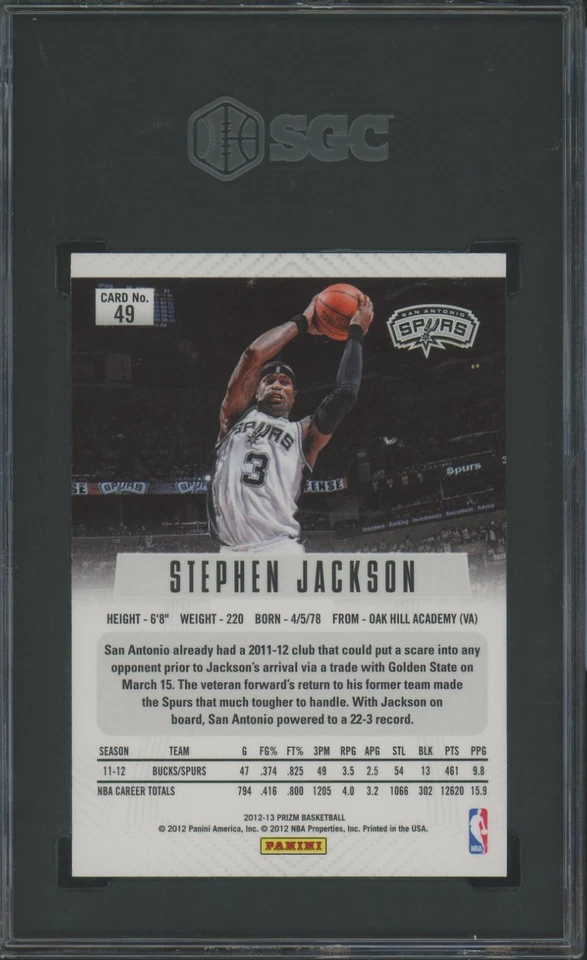 2012 Panini Prizm Stephen Jackson Silver Prizm #49 SGC 9 Spurs 1st Year Prizm - Image 2 of 2
