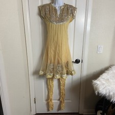 PAKISTANI INDIAN DESIGN SHALWAR KAMEEZ EMBROIDERED FANCY OUTFIT Yellow BEADED