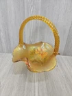 Fenton Hand Painted Poinsettia Iridescent Amber Crackle Glass Basket