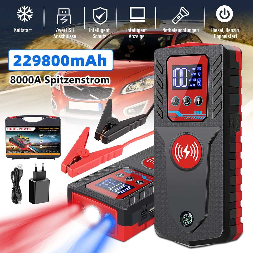 8000A Avviamento Auto Jump Starter Caricabatterie 12V Auto Booster Powerbank + Scatola - Immagine 2 di 4