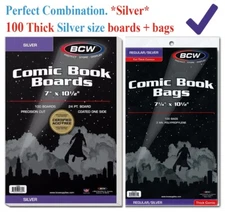 100 THICK BCW Silver Era Comic Book Bags Sleeve + Back Board 7 1/4 x 10 1/2 Safe