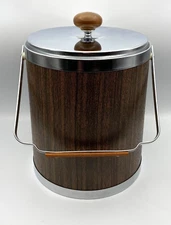 Vintage Kromex Faux Wood Grain Chrome Insulated Ice Bucket 11" Barware MCM USA