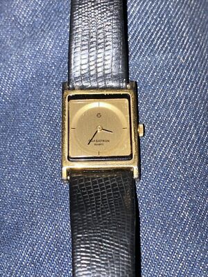 Quasatron Quartz Watch Black Color Band Gold Tone Case Runs New Battery 