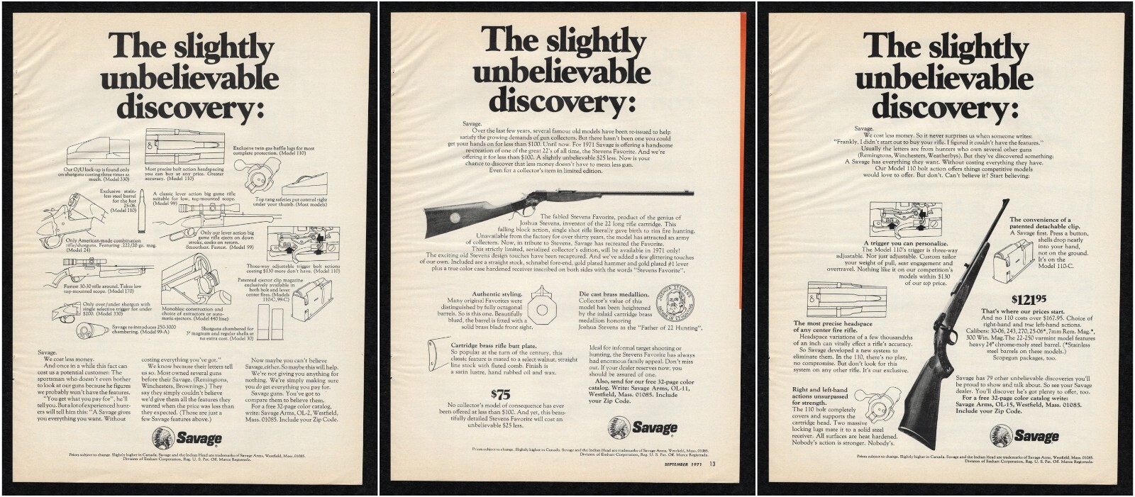 1971 Savage Arms Guns Slightly Unbelievable Discovery Cost Less Money Print Ad