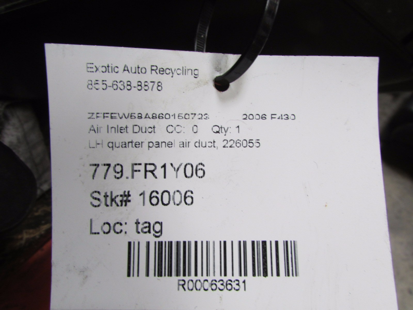 Ferrari F430, Coupe, LH, Left Quarter Panel Air Inlet Duct, Used, P/N 226055