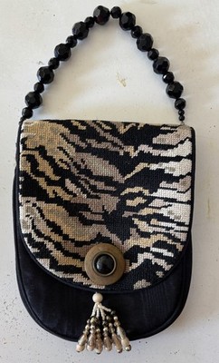 Needlepoint Handbag Artisan Crafted Glass Bead Handle & Tassel Trim Never Used