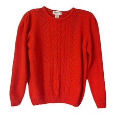 Vintage Heather Bright Red Knit Sweater Silk Angora Lambswool Medium Crew Cozy