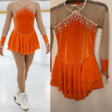 Custom solo dance ice skating dress ballet costume orange velvet stoned MC child