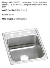 Elkay LRAD1720653 Stainless Steel Single Bowl Drop-in ADA Sink 17x20x6.5