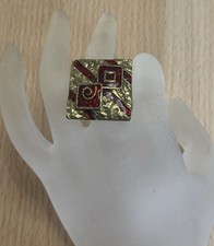 Vintage Red Enamel Adjustable Statement Ring Gold Tone Geometric Square
