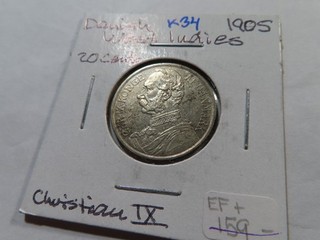 K34 Danish West Indies 1905 Silver 20 Cents XF